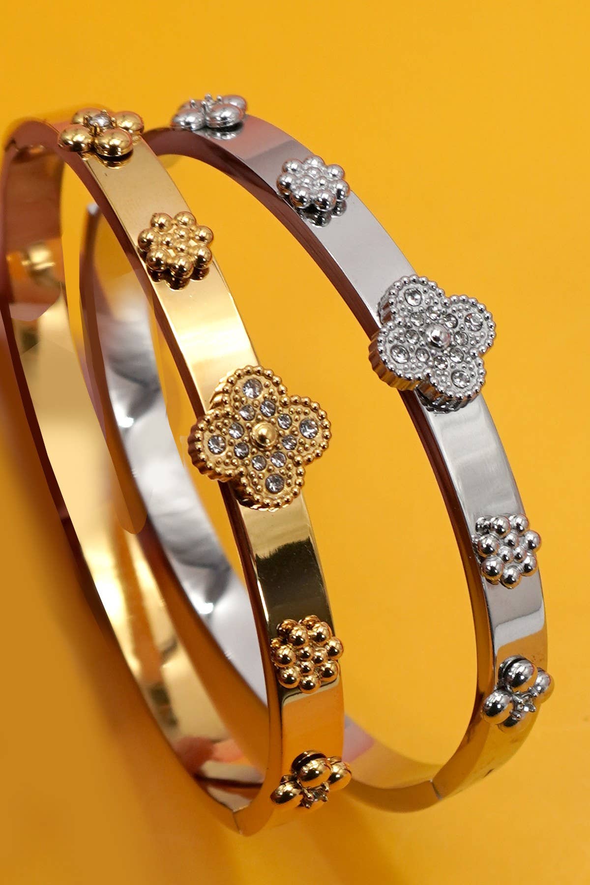Rhinestone Floral Bangle Bracelet - Gold & Silver