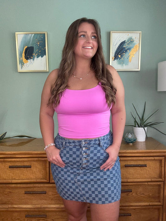 Checkered Denim Skirt
