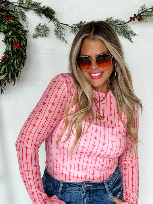 Holiday Ribbon Mesh Tops - White & Pink