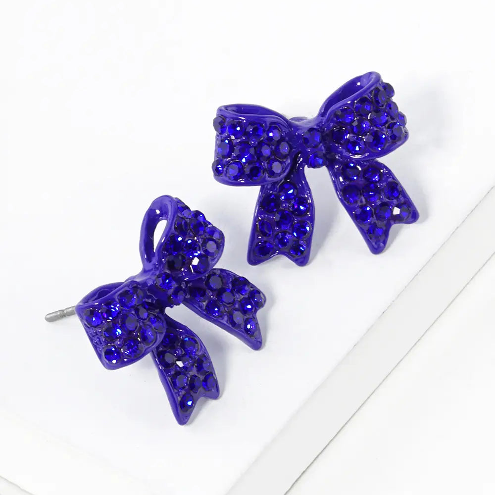 Pave Bow Stud Earrings - Blue & Red