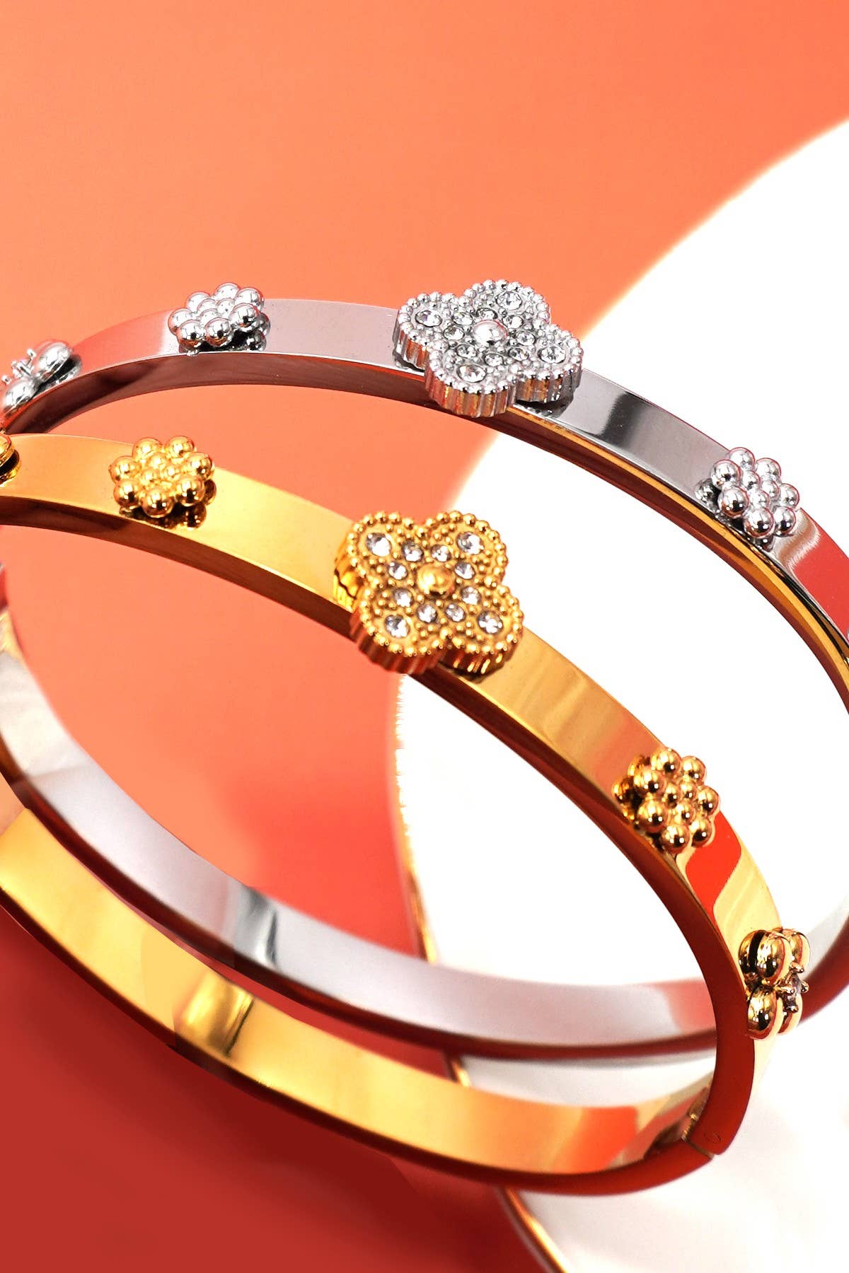 Rhinestone Floral Bangle Bracelet - Gold & Silver