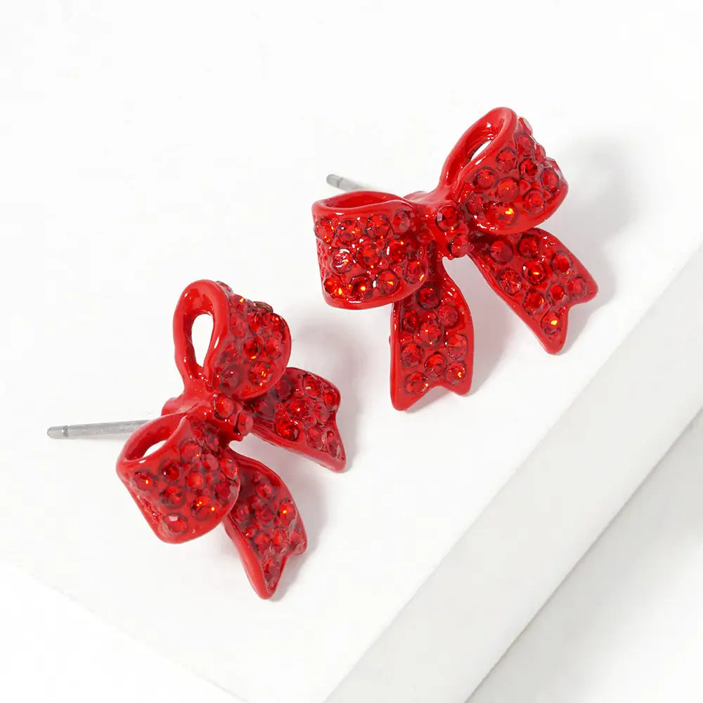 Pave Bow Stud Earrings - Blue & Red