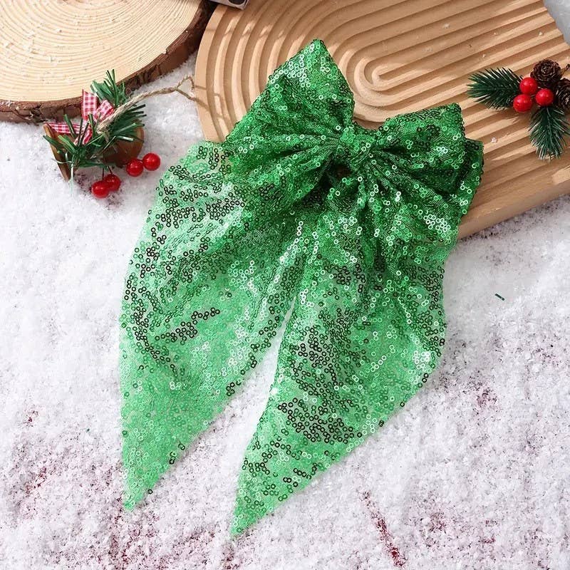 Sequin Organza Bow Hair Clips - Red & Green