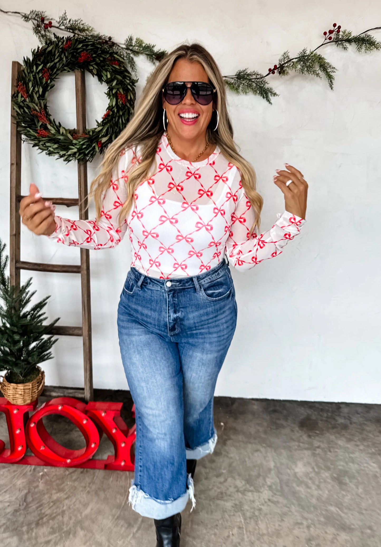 Holiday Ribbon Mesh Tops - White & Pink