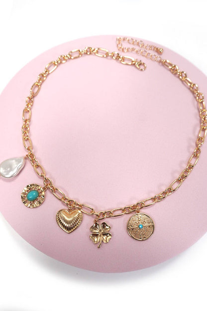 Turquoise & Pearl Charm Necklace