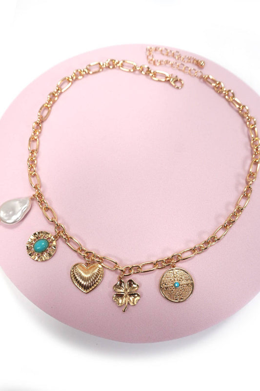 Turquoise & Pearl Charm Necklace