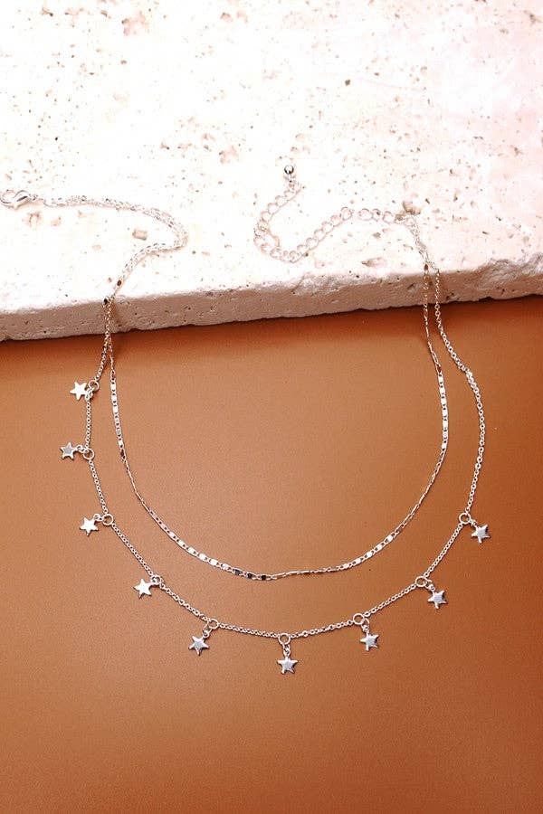 Double Chain Star Drop Necklace - Silver