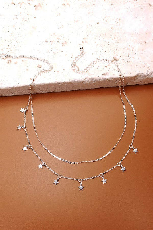 Double Chain Star Drop Necklace - Silver