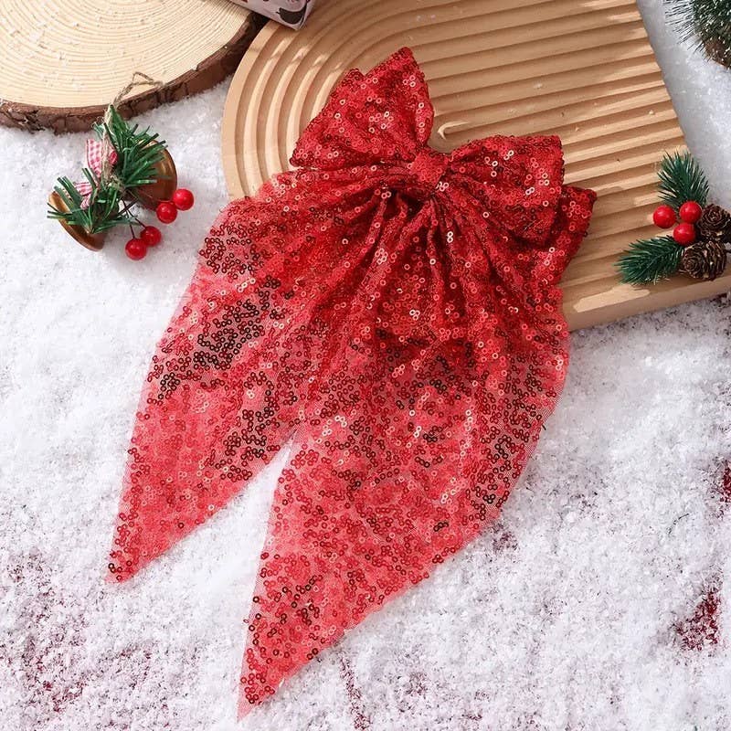 Sequin Organza Bow Hair Clips - Red & Green
