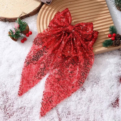 Sequin Organza Bow Hair Clips - Red & Green