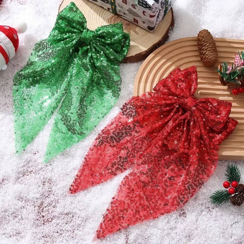 Sequin Organza Bow Hair Clips - Red & Green