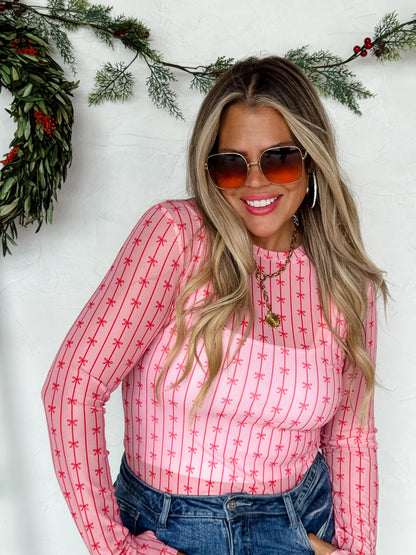 Holiday Ribbon Mesh Tops - White & Pink