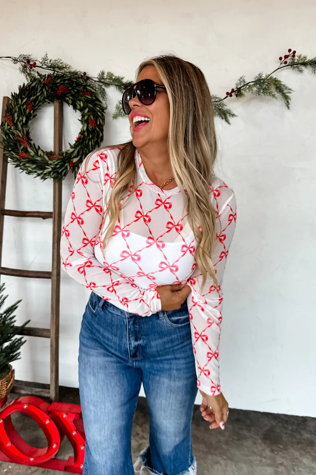 Holiday Ribbon Mesh Tops - White & Pink