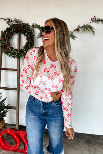 Holiday Ribbon Mesh Tops - White & Pink