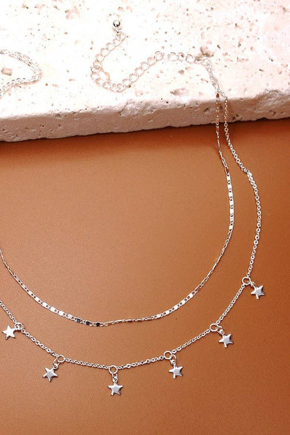 Double Chain Star Drop Necklace - Silver