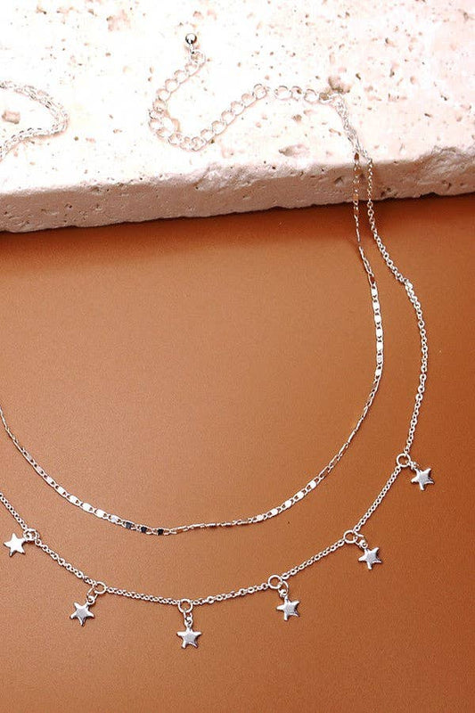 Double Chain Star Drop Necklace - Silver