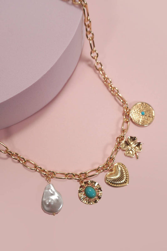 Turquoise & Pearl Charm Necklace