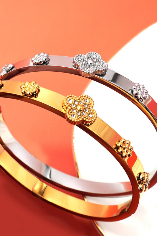 Rhinestone Floral Bangle Bracelet - Gold & Silver