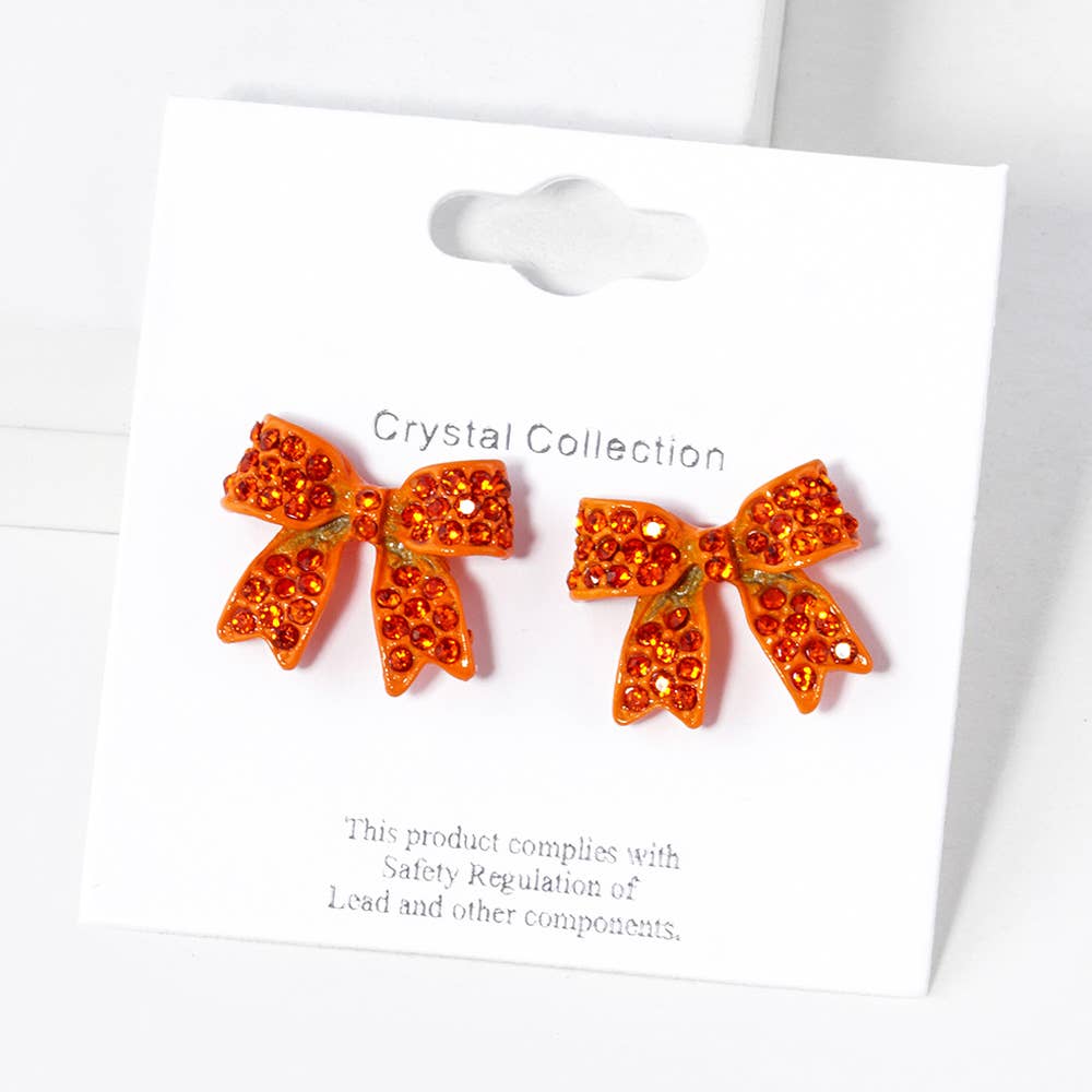 Pave Bow Stud Earrings - Orange