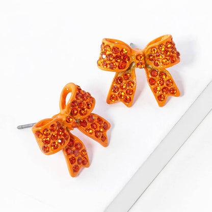 Pave Bow Stud Earrings - Orange