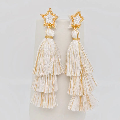 White & Gold Tassel Earrings