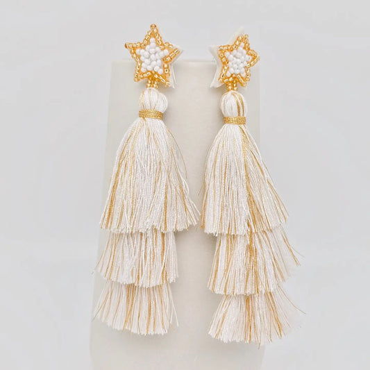 White & Gold Tassel Earrings